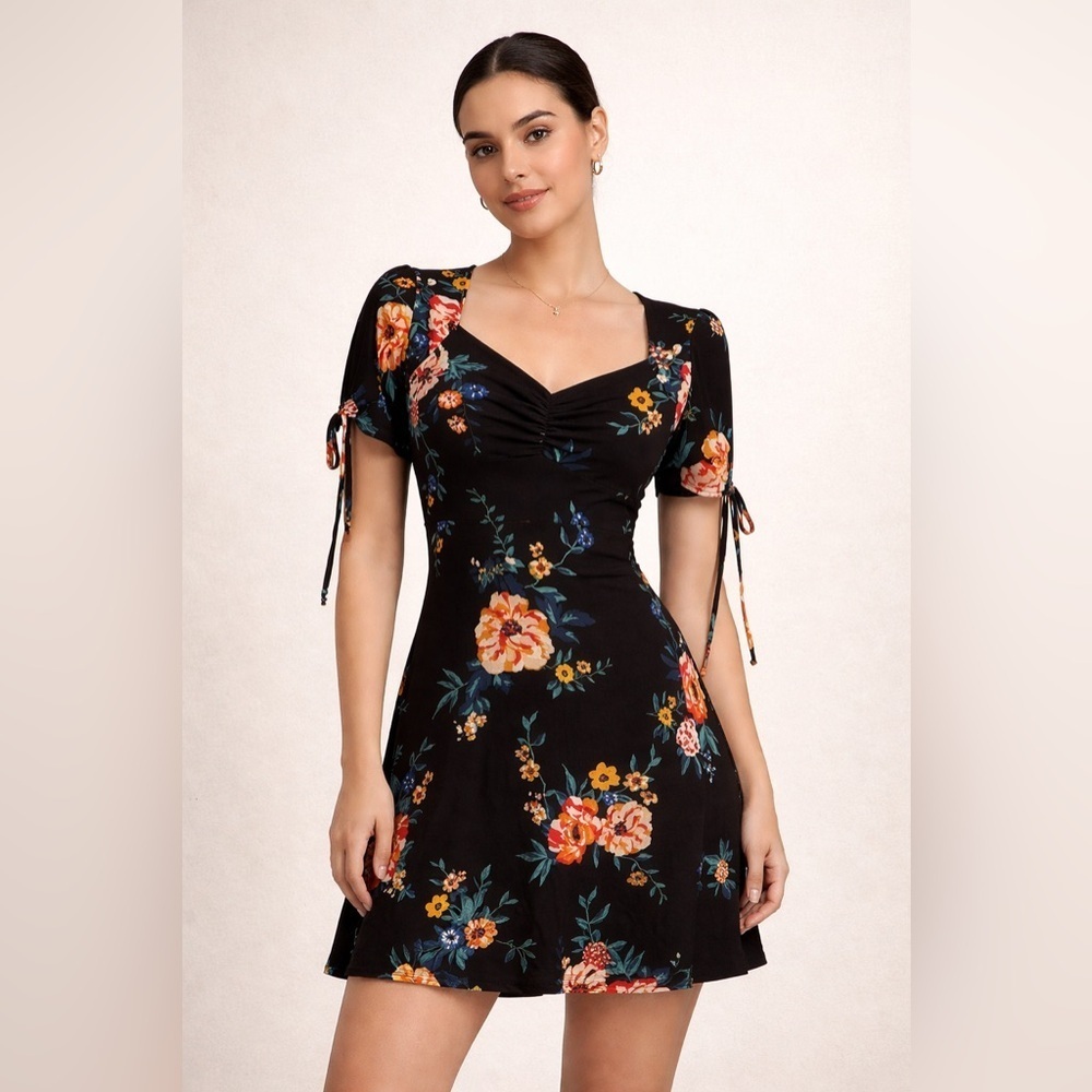 BeBop beautiful black/floral multicolor sweetheart neck dress -size S